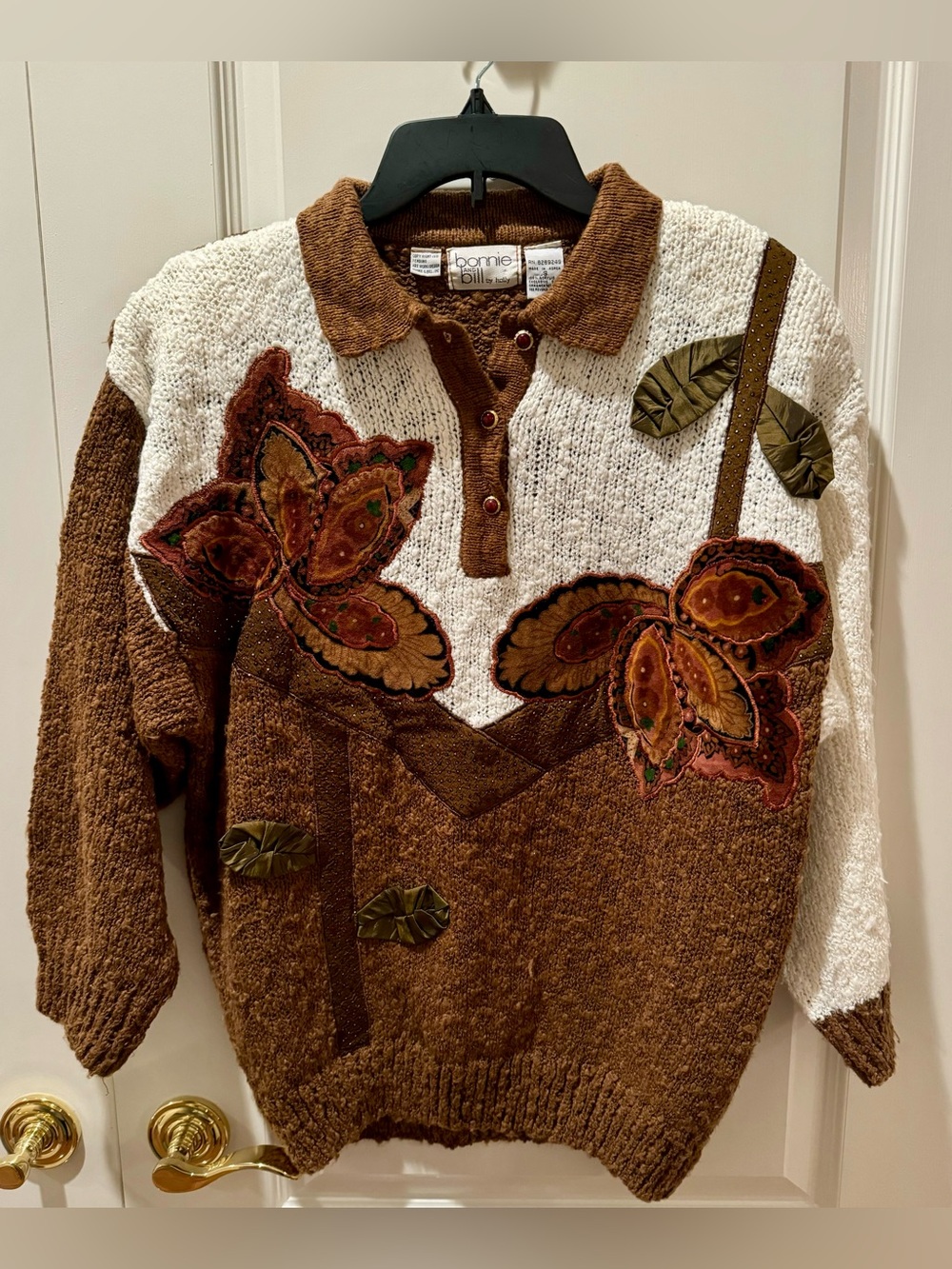 Vintage Bonnie and Bill by Holly Brown and Ivory Floral Open Collar Sweater - S